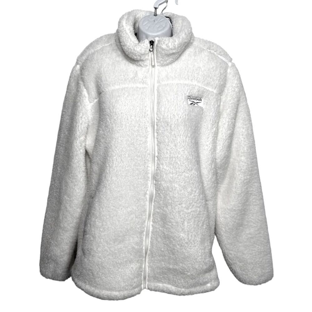 Women Reebok Size XL  Double Sided Fleece Jacket Coat White Zipper Pocket